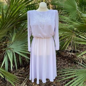 Vintage 80s Lavender Midi Dress Cutout Lace Draped Back Ursula Size 9 10